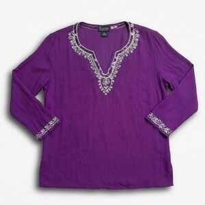 NY Collection Woman Purple 100% Silk Beaded Sequin Split Neck Blouse 1X